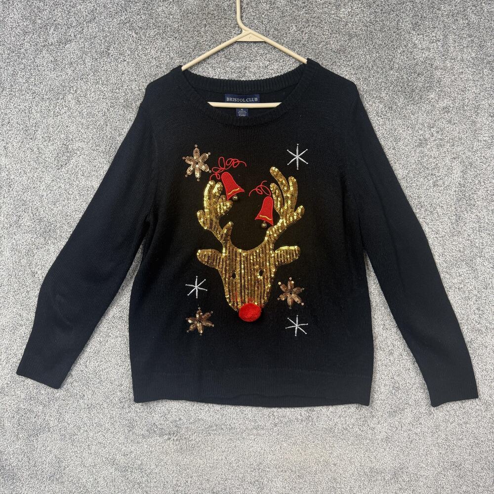 Bristol Club Sweater XL Reindeer Sequin Ugly Christmas Holiday Festive Cozy